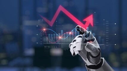 A robotic hand interacts with a financial graph showing a declining trend in stock market performance, emphasizing technology role in data analytics and investment strategies. Synapse - Powered by Adobe