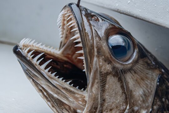 Close up of a deep sea viperfish with sharp teeth and large eye, a dangerous marine predator from the ocean depths.