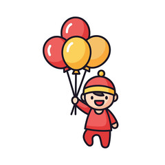 Naklejka premium A happy cartoon boy in red holding a bunch of colorful balloons.