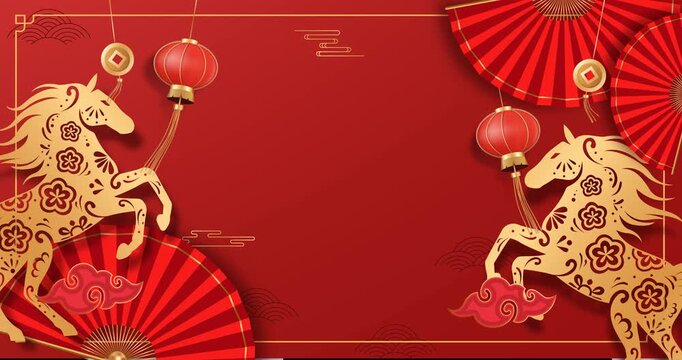 Chinese New Year Horse Background Animation with Lanterns, Chinese Styled Fan  and Empty Space for Text. Lunar New Year Design Template
