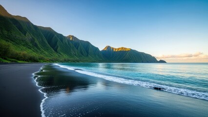 Sunny beach with green hills and blue ocean waves