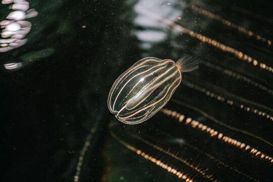 Delicate Comb Jellyfish with Iridescent Comb Rows Swimming in Dark Ocean Waters - Powered by Adobe