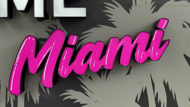 Miami, FL, USA, June 27, 2025: DOLLY SLOW MOTION SHOT - Miami Pink &ldquo;Miami&rdquo; sign at the Brickell City Center.