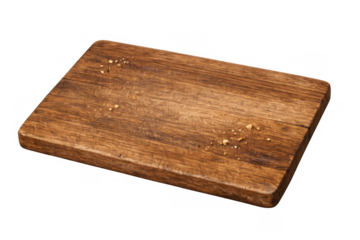 Rustic wooden cutting board with crumbs, empty kitchen surface for food preparation, transparent background