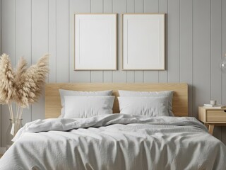 Serene bedroom scene with light wooden furniture and grey bedding