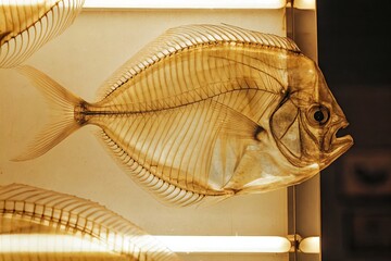 Detailed skeleton of a translucent fish specimen revealing intricate internal anatomy and bone structure.