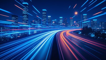 Fast motion speed light trails on urban highway city skyline