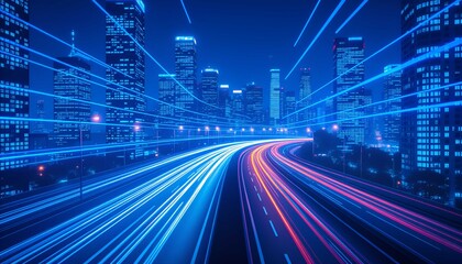 Futuristic city night traffic with blue light trails and technology