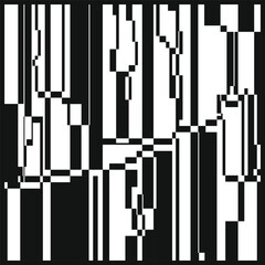 Weird checkered pixels glitch effect background. Error abstract pattern. VHS tape rewind or no signal TV Screen. Composition with black and white vertical stripes, rectangular columns shapes. Vector