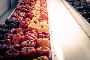 Rows of Vibrant Red Yellow and Orange Bell Peppers Displayed Freshly at a Market