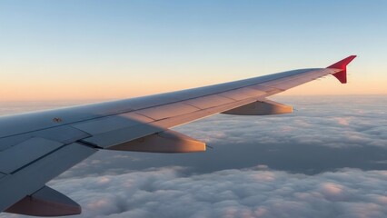 Fototapeta premium Airplane wing above clouds during sunrise or sunset, with warm light.
