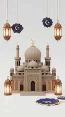 Islamic Holy Month Celebration Concept with Mosque, Lanterns and Crescent Moon