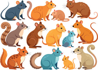 Fototapeta premium Collection of cute cartoon forest animals and rodents featuring diverse squirrels, mice, hamsters, and hedgehogs isolated on white background.