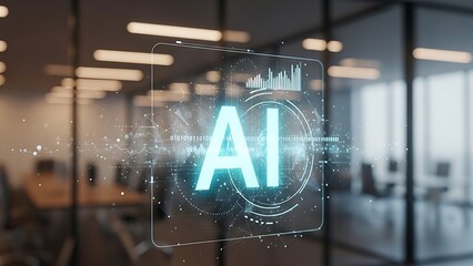 Holographic AI interface with glowing text and data visualizations in a modern office environment, representing artificial intelligence in business.