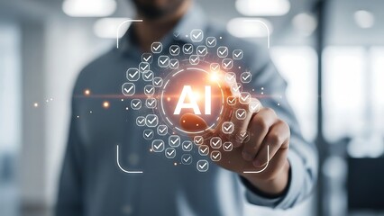 Businessman interacting with a holographic AI interface surrounded by checkmarks in a modern office environment.