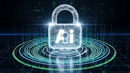 Digital padlock with 'AI' symbol, representing artificial intelligence security and data protection in a futuristic technological environment.