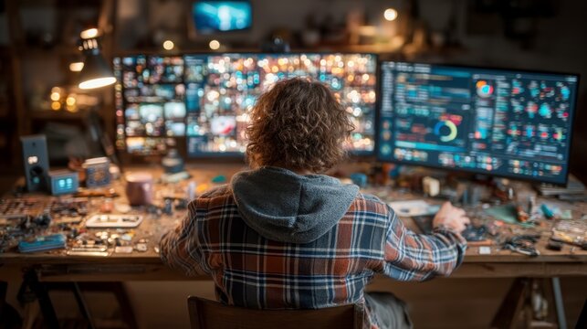 Person Working on Multiple Computer Screens in a Creative Workspace - Powered by Adobe