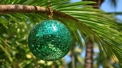 Shiny green mosaic sphere hangs from a tropical palm branch outdoors