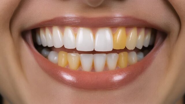 A close-up view of a person's mouth showing yellowing teeth and healthy gums