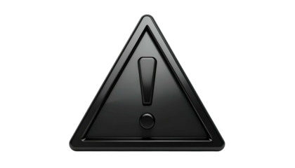 A glossy, black warning triangle with an exclamation point, set against a dark background