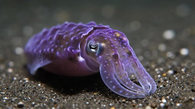 A small, pale white cuttlefish with intricate textures and large, observant eyes rests camouflaged on a sandy seabed, blending seamlessly into its aquatic environment in a close-up shot.