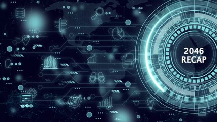 2046 Recap economy, business, financial concept. For business planning. Businessman touching on word 2046 recap with smart screen background. Business transformation strategy development. 4k motion