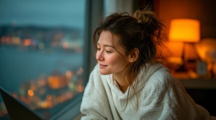 Cozy Woman Relaxing at Home While Using Laptop by Window