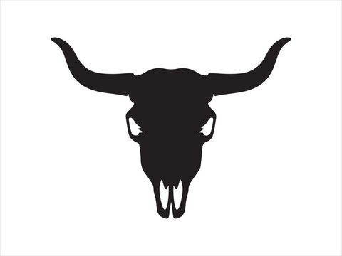 Buffalo head skull, vintage retro scary spooky cow, bull skull head skeleton. Bull Skull Silhouette with Long Horns