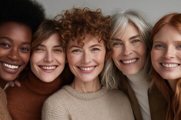 A close-up portrait of five women of varying ages and ethnicities, radiating joy and togetherness.  Their warm smiles and natural beauty create a positive and uplifting image.