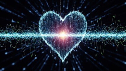 Glowing neon heart made of digital sound waves