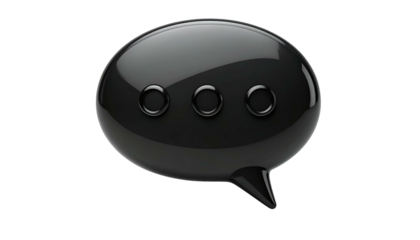 Shiny, black, 3D chat bubble with three dots, rendered on a stark black background