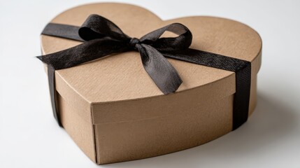 Heart shaped cardboard container wrapped with a dark ribbon and tied in a bow