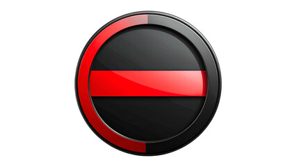 A black, glossy circular emblem with a red horizontal stripe and outer ring on a dark background