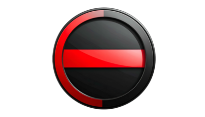 A black, glossy circular emblem with a red horizontal stripe and outer ring on a dark background