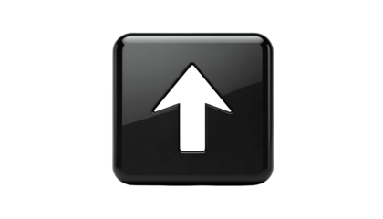 A glossy black square button with a white upward-pointing arrow on a black background