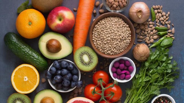 Assorted fresh fruits and vegetables arranged on a dark background with nuts and grains