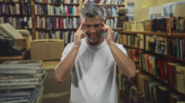 Man pressing temples with fingers amid stacks of books and boxes in a cluttered bookstore building; stress.