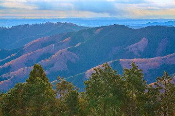 東京都八王子市と神奈川県相模原市にまたがる景信山の頂上から南東側の高尾山や江の島方面