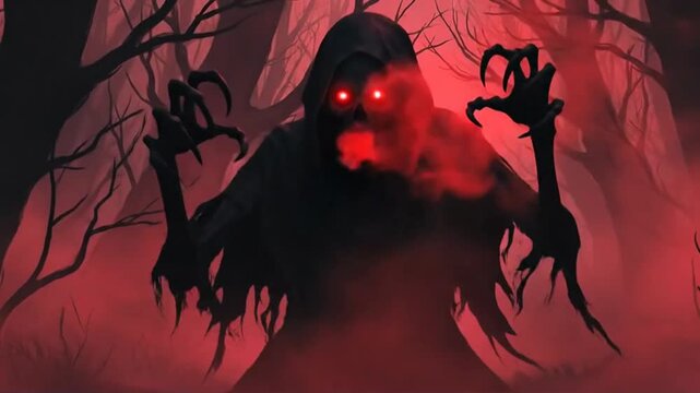Terrifying Creature with Glowing Red Eyes in a Dark Forest.