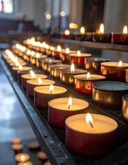 Close-up of numerous small lit candles arranged on metal shelves, creating a warm, inviting glow. Focus on the flames
