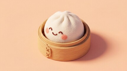 A charmingly happy bao bun character smiling sweetly in a traditional bamboo steamer on a peach background
