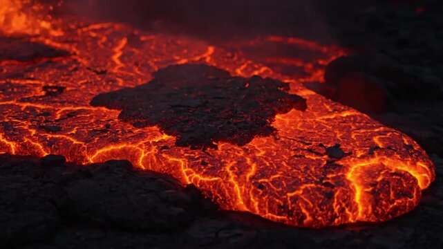 A vibrant river of molten orange and red lava flows intensely across a dark, solidified landscape, highlighting the raw, destructive power and beauty of a volcanic eruption at night.