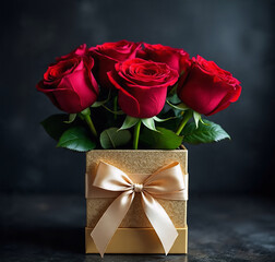 Red Roses Bouquet in Elegant Gift Box with Ribbon, Luxury Valentine Present