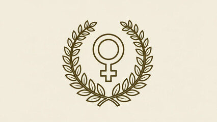 Female gender symbol encircled by laurel wreath on beige background representing feminism and female empowerment in a minimalist vector graphic design