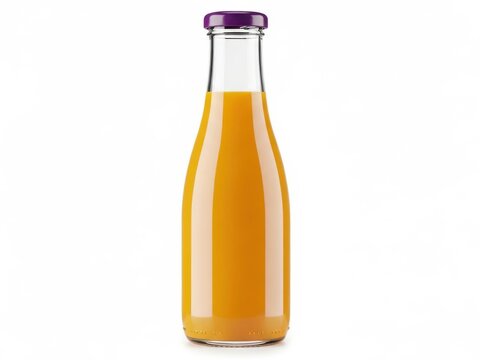 Clear glass bottle filled with vibrant orange juice and a purple cap