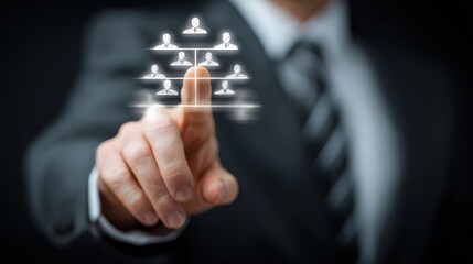 Business professional interacts with a glowing digital organizational chart display