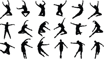 Obraz premium Black silhouettes of dancers in dynamic poses showcasing expressive movement, choreography, artistic performance, balance, and energetic human body motion