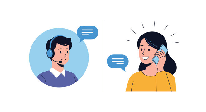 Split screen illustration depicts a male customer service agent with a headset talking to a young woman who is using her mobile phone.