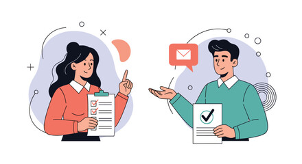 Business professionals communicating effectively by sharing checklists and verified documents through digital mail services.