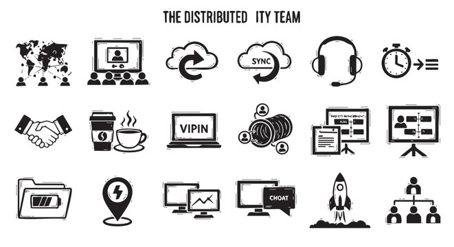 A comprehensive collection of black and white vector icons illustrating various aspects of a modern distributed IT team's workflow, collaboration, and digital business operations. - Powered by Adobe